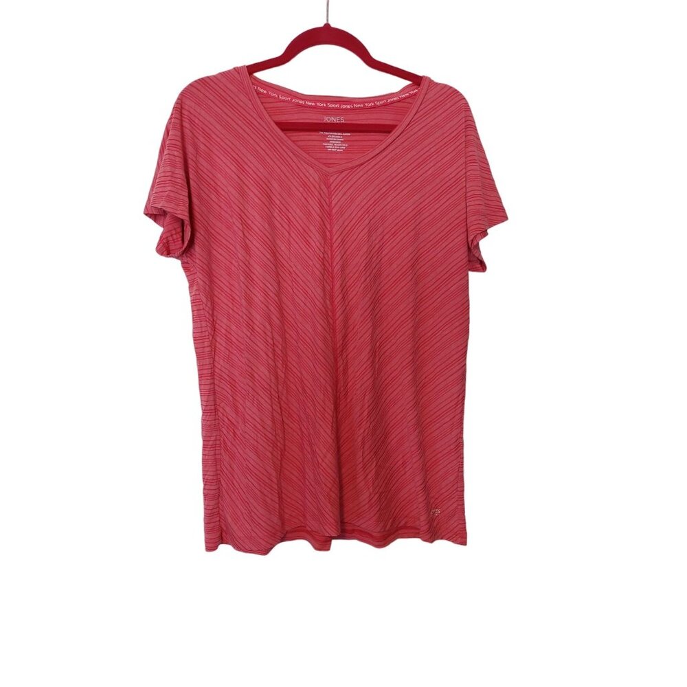 Jones New York Sport Pink Striped V Neck T-Shirt L